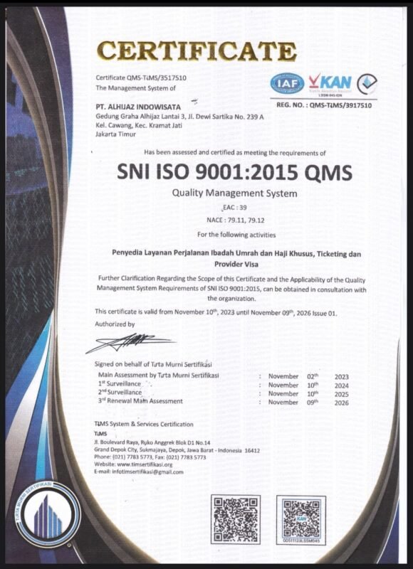 Sertifikat SNI ISO 9001:2015 Alhijaz Indowisata